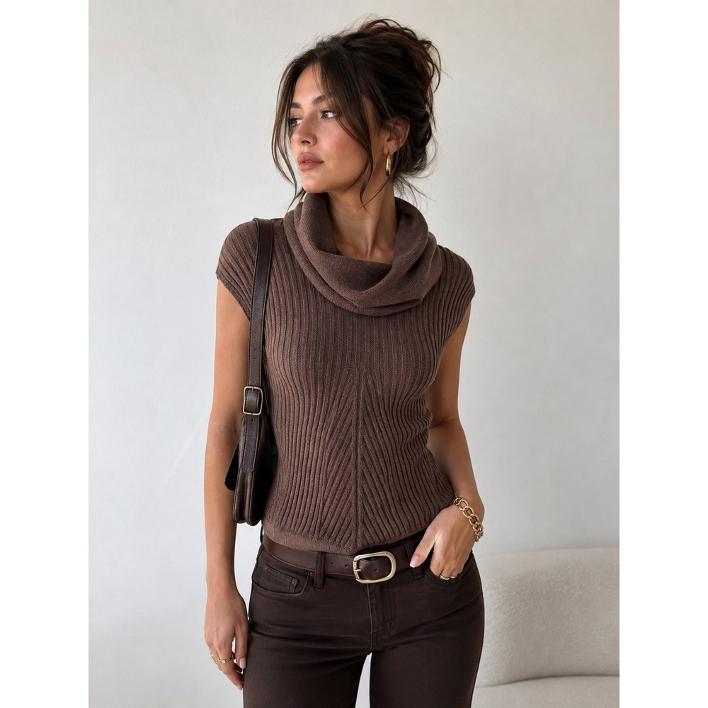 Cocogio Brown Ribbed Cowl Neck Sweater Top Y2K Minimalist Made in Italy S